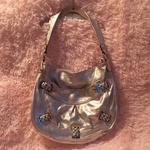 B. Makowski Silver Metallic Leather Hobo Shoulder Bag Purse
